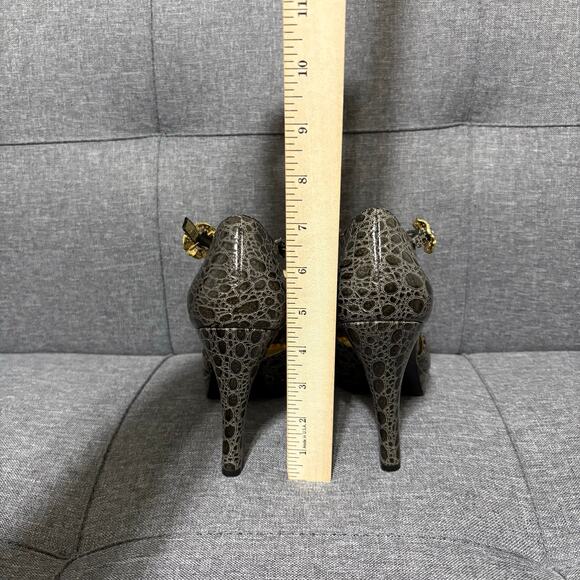 Hale Bob High Heel Shoe Women 7 Black Gray Alligator Leather Pump Peep Toe - Picture 4 of 9